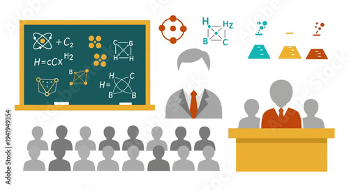 Science education concept with classroom icons and chemistry symbols