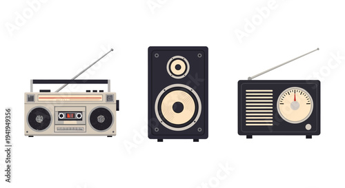 Retro audio collection: vintage radio, boombox, and speaker design