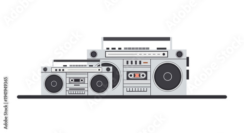Retro boombox collection showcasing vintage audio equipment in a minimalist design