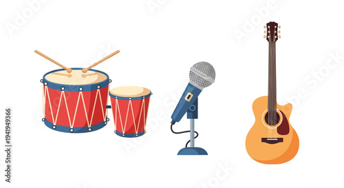 Musical instruments set with guitar, drums, and microphone