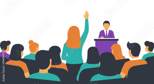 Engaged audience in a seminar presentation setting with speaker and raised hand