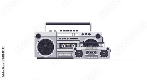 Retro boombox and cassette player in minimalist style on white background
