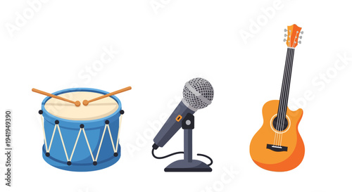 Musical instruments flat design: drum, microphone, acoustic guitar on white background