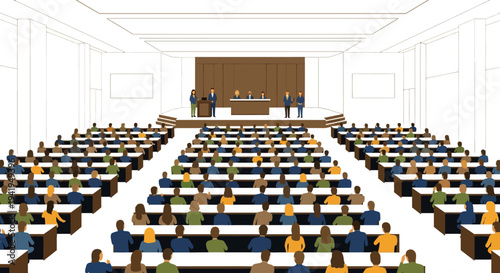 Large conference room scene with presentation and audience in geometric flat design