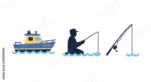 Fishing adventure icons: boat, fisherman, and rod in flat design
