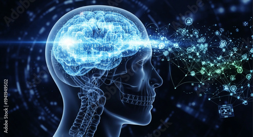 Digital Illustration of Human Brain with Neural Connections.