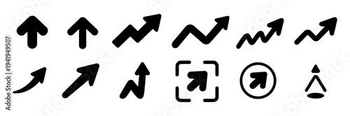 A collection of bold black arrow icons visually representing upward movement, growth, and expansion.