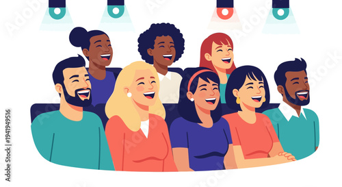 Diverse audience enjoying live comedy show in flat design style