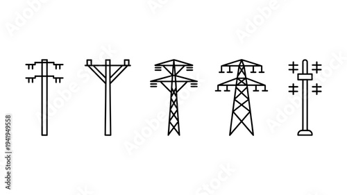 Five different styles of electricity pylons and utility poles are depicted in a clean outline vector format.
