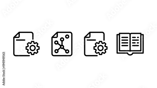 Four distinct black outline icons representing file settings, network diagrams, and an open book.