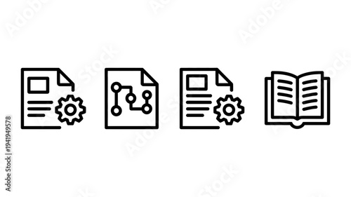 A set of four black outline icons illustrating file settings, network structures, and an educational book.