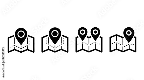 A collection of four black outline map icons featuring location pins and travel routes.
