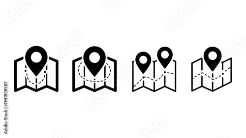 Four black outline icons depicting maps with prominent location markers and winding routes.