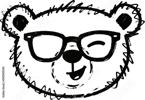 Cute smiling bear face wearing glasses hand drawn doodle sketch of happy animal character with fun expression