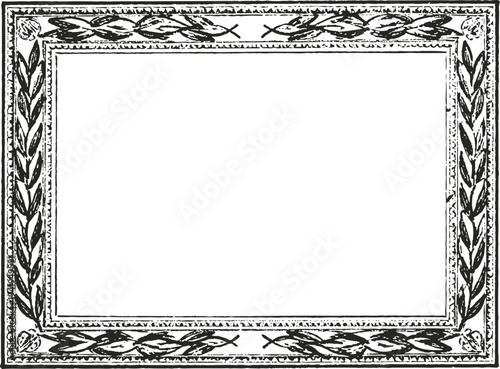 Vintage decorative rectangular frame border with floral and leaf ornamental pattern in black and white