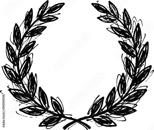 Laurel wreath black silhouette hand drawn laurel leaves emblem in circular shape, symbol of victory and achievement