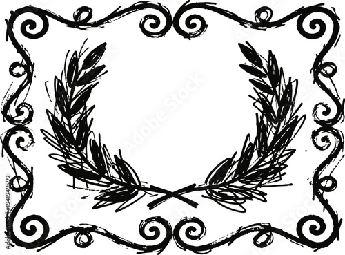 Hand drawn vintage laurel wreath frame with curly ornamental corners black silhouette