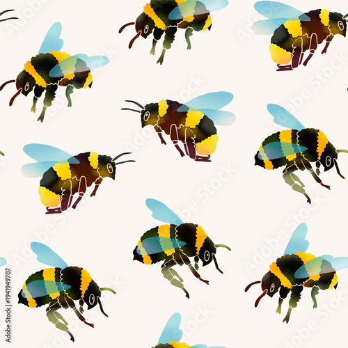 Flying puffy bumblebees or Bees. Spring, summer insects concept. Black and yellow bugs. Hand drawn modern Vector illustration. Square seamless Pattern. Background, wallpaper. Textile print template
