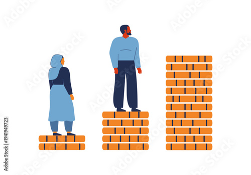 The impossibility of high earnings for women and men. The income gap and the wage gap in hiring employees. Low financial and social rating of people concept. vector illustration