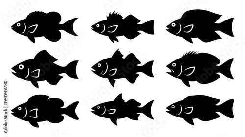 A collection of nine distinct black fish silhouettes representing various aquatic creatures.