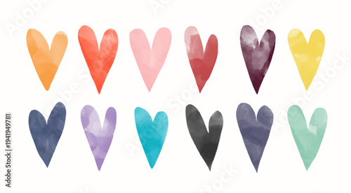 Various unique Hearts. Different textures. Watercolor style. Hand drawn trendy Vector illustration. Love, Valentine's Day, romance, affair concept. Print, logo, design templates. Isolated elements