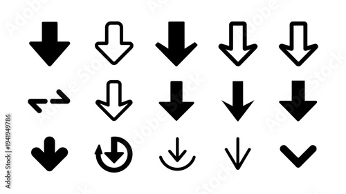A comprehensive set of black arrow icons displaying various directions and actions for digital interfaces.