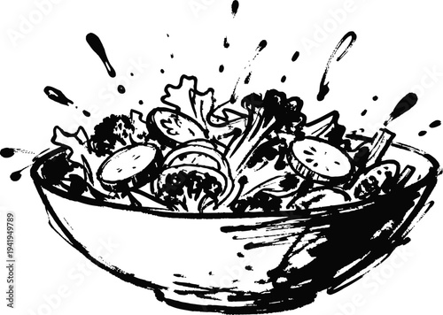 Fresh vegetable salad in bowl with cucumbers and leafy greens splashing liquid dressing mix