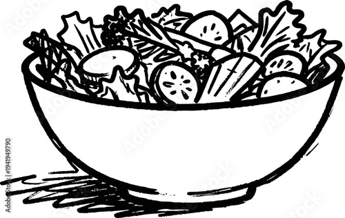 Fresh vegetable salad bowl with cucumbers, mushrooms, lettuce, and herbs for healthy eating