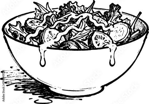 Bowl of fresh salad with leafy greens, tomato slices, and creamy dressing dripping