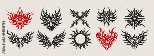 Neo Tribal tattoo set. Eye, mask, demon, cross, star, wings, sun. Abstract ethnic shapes, ornaments. Hand drawn modern Vector illustration. Isolated design elements. Sticker, icon, print template 