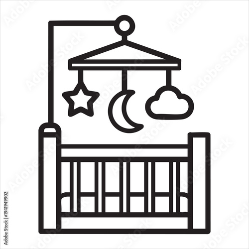 A baby crib with a mobile featuring a star moon and cloud