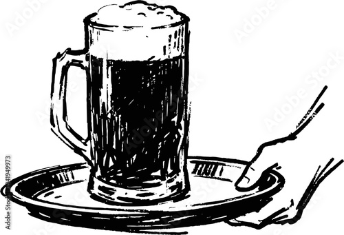 hand holding a tray with a frothy beer mug, classic pub serving illustration