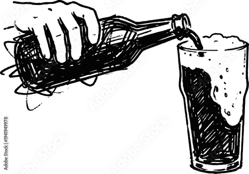 Hand pouring dark beer from bottle into glass with foam, beverage illustration