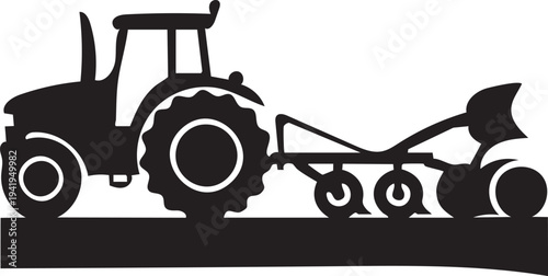 Black Silhouette Tractor with Plow & Rollers- Farm Tillage Icon