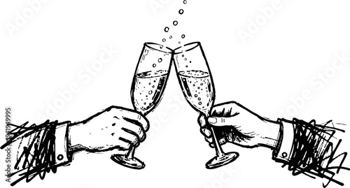 Two hands toasting with champagne glasses, sparkling bubbles rising in celebration
