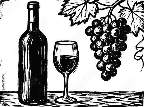 Vintage illustration of wine bottle, glass of wine, and grape cluster with leaves on wooden table
