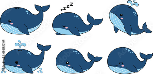 Cute baby whale cartoon character set with funny sleeping swimming and splashing poses blue ocean vector illustration collection