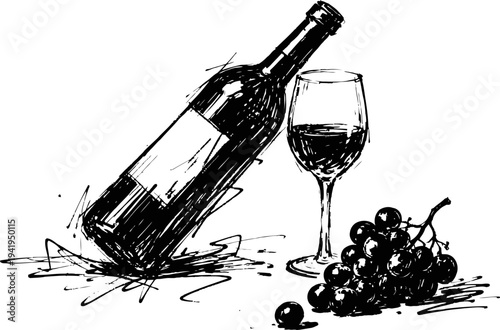 Hand drawn wine bottle, glass filled with red wine, and grape bunch sketch illustration