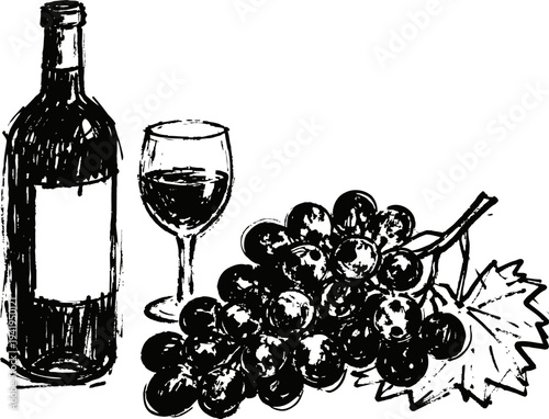Wine bottle, glass of red wine, and grape cluster with leaf sketch drawing illustration
