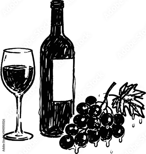 Wine bottle and glass with fresh grape bunch illustration in black ink drawing