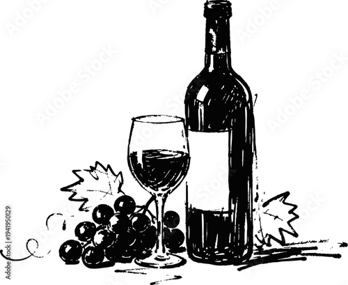 Wine bottle and glass with grapes and vine leaves hand drawn winery elements illustration