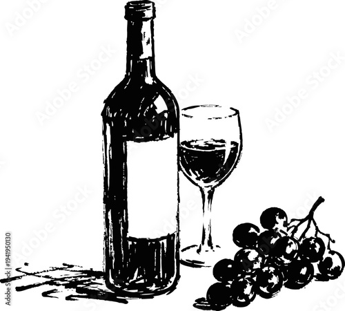 Wine bottle with glass and grapes in black ink sketch style, vintage alcohol drink illustration