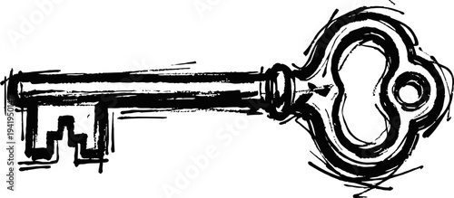 Vintage skeleton key illustration classic antique metal key with ornate bow and bit design hand drawn black and white sketch
