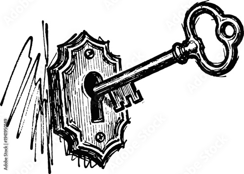 Vintage skeleton key inserted into ornate keyhole plate, old fashioned lock mechanism illustration