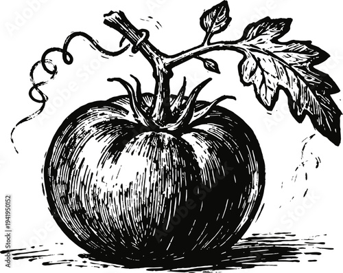 Vintage tomato sketch with leaves and vine, hand drawn garden vegetable illustration