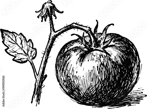 Hand drawn tomato fruit and stem with leaf illustration in vintage black ink sketch