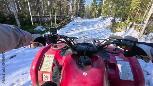 POV Driving Red ATV Through Nordic Forest Trail Springtime Melting Snow
