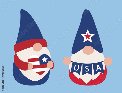 American Independence Day gnome cartoon. 
Patriotic USA gnome vector illustration set.
Fourth of July gnome characters clipart.svg.