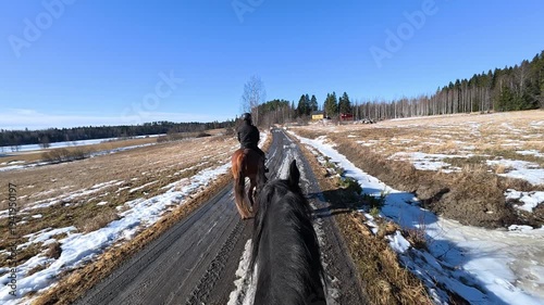 POV Peaceful Horseback Ride Between Fields Early Spring Rural Countryside Sunshine