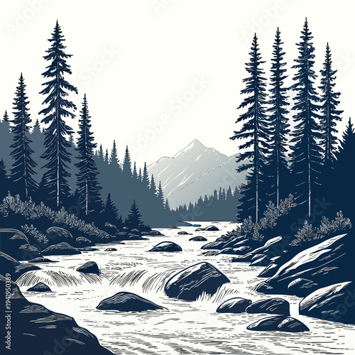 Cinematic landscape showing clear alpine river with rocks and coniferous trees